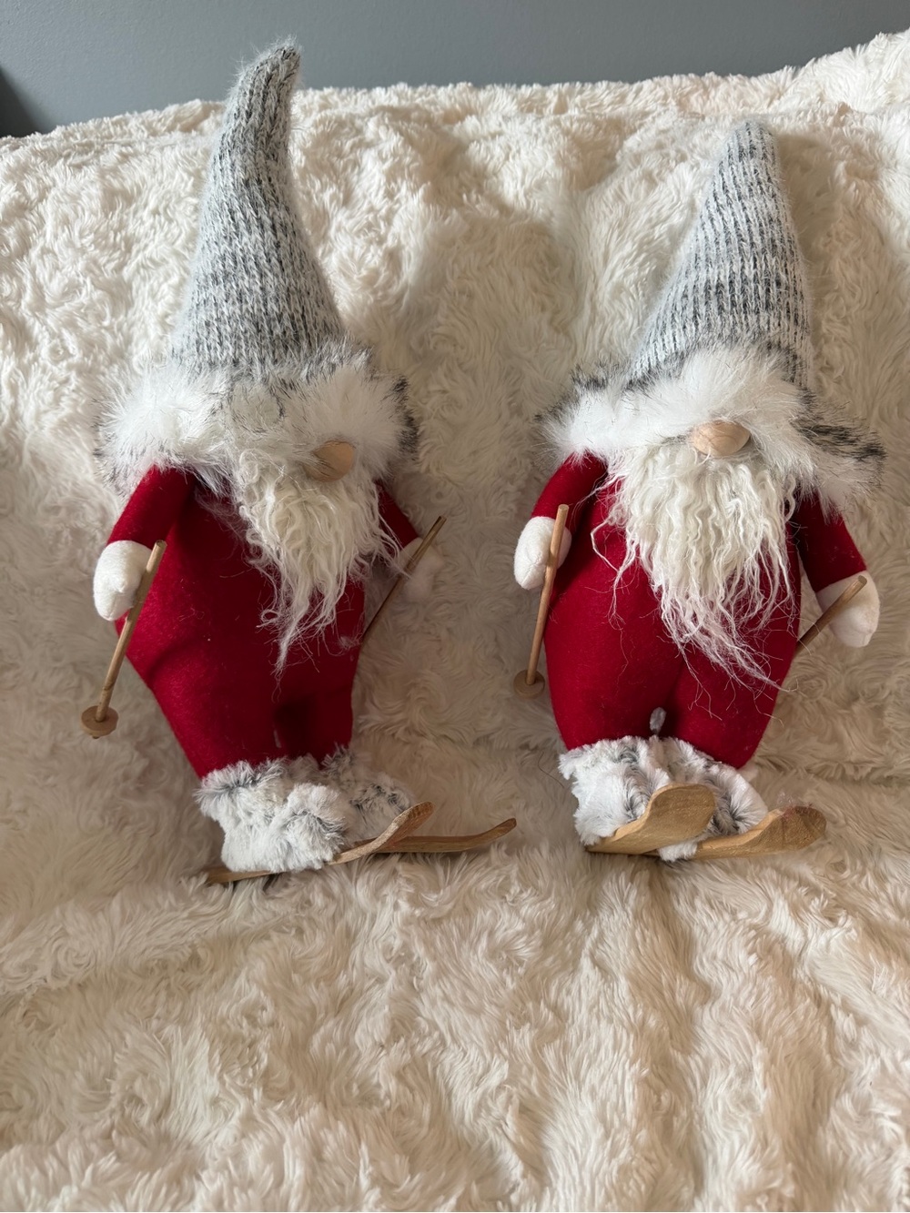 Handcrafted Holiday Gnome Pair in Red with Gray Knit Hats